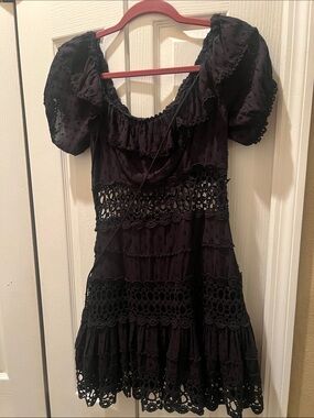Free People Black Puff Sleeve Eyelet Mini Dress